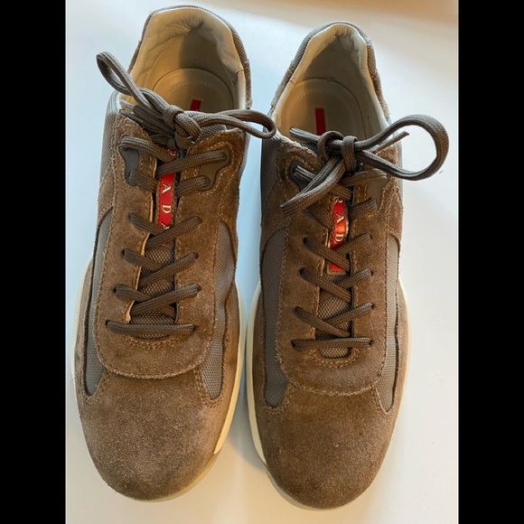 PRADA AMERICAS CUP SNEAKERS OLIVE SUEDE/MESH LOGO TONGUE/HEEL/INSOLE 10.5 EXCELL - Picture 1 of 16